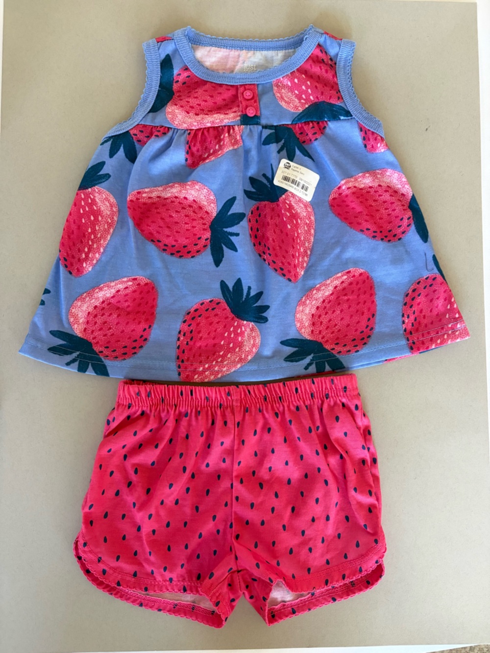 Carter's Pink & Blue Strawberry 2 Piece Pajama Set. Top & Shorts. Size 18 Months